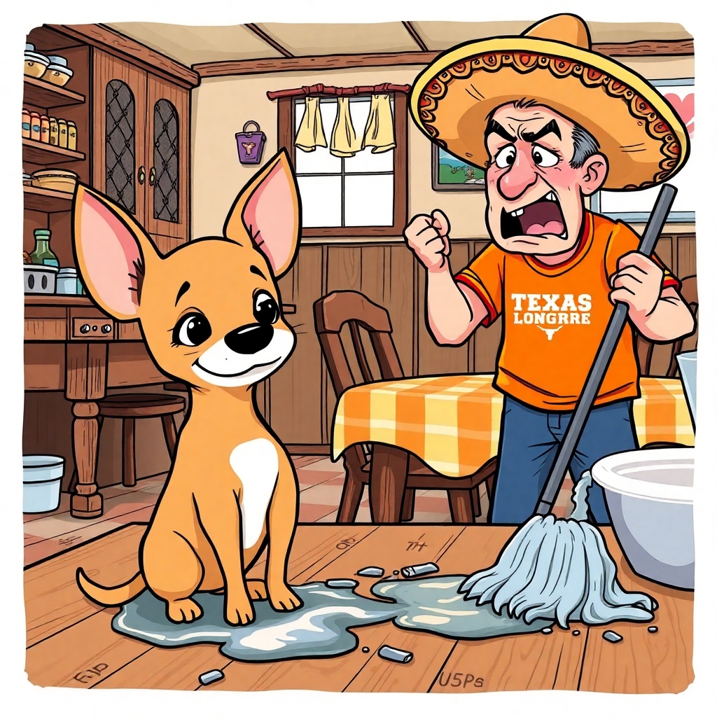 A whimsical, cartoon-style illustration of a mixed breed tanc colored chihuahua puppy mischievously squatting and peeing on a rustic country kitchen table. The small dog has the large ears of a beagle but the petite body of a chihuahua, with a guilty yet playful expression. Nearby, a screaming  crying, hysterical man with an exasperated expression is holding a mop, clearly upset about having to clean up the mess. The man is wearing a bright orange Texas Longhorns t-shirt and an oversized, decorative sombrero that contrasts comically with his annoyed expression. The kitchen has a warm, country aesthetic with checkered tablecloth and wooden furniture. Bright, vibrant colors with a humorous, lighthearted style. text Puta Madre!
