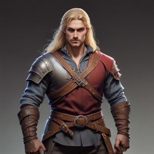 male ranger wearing medieval clothing, long blonde hair, holding a medieval sword "not armor"
