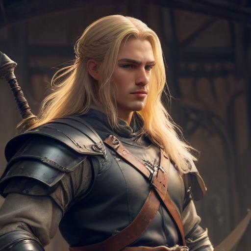 male ranger wearing medieval clothing, long blonde hair, holding a medieval sword "not armor"