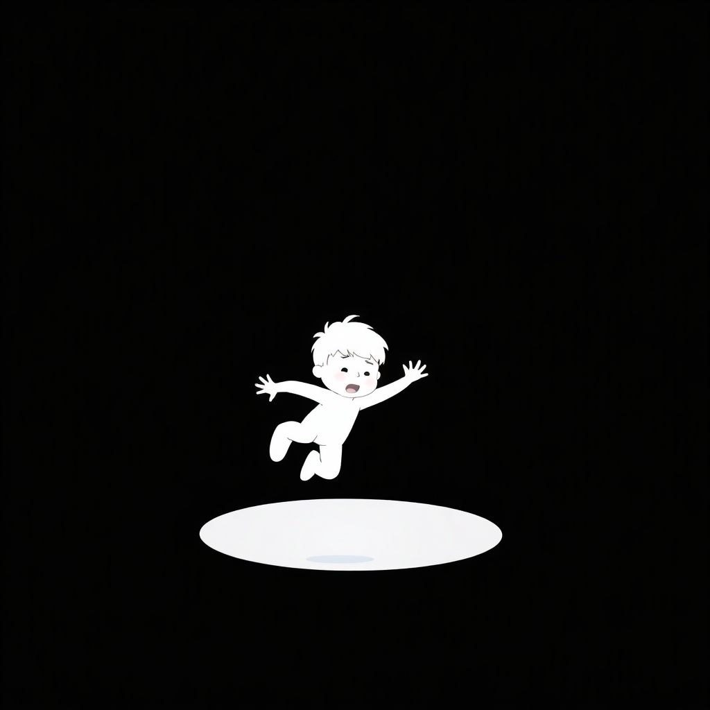 please create an image of a  child falling into a hole using minimalist, 3D white-on-white cartoon-like characters with no facial features, no hair, and no clothes against a flat black background with no elaboration or details.