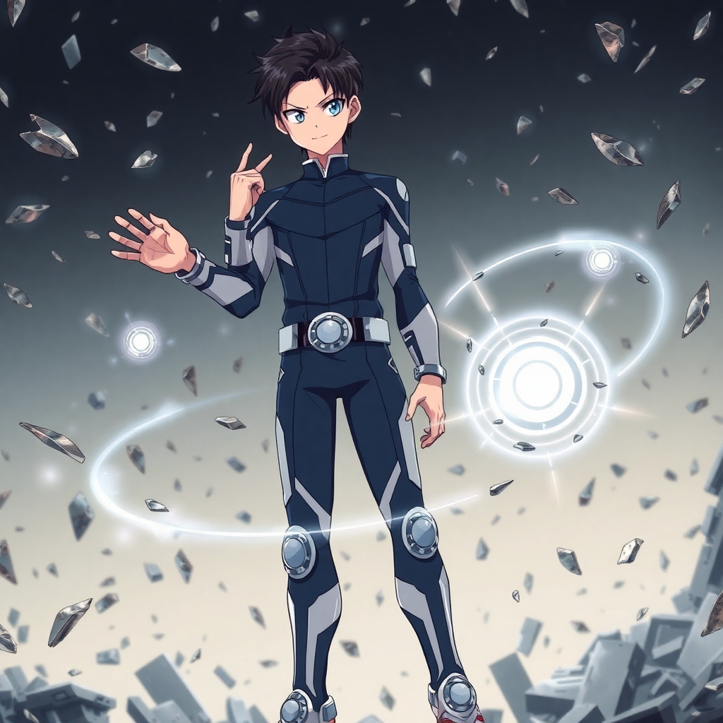 Full-body anime character of a well-composed teenage boy with sharp silver eyes and slicked-back black hair. He wears a sleek navy-blue and silver bodysuit with circular magnetic emitters embedded in his palms, boots, and belt. Floating shards of metal orbit him in controlled formation. He stands tall, one hand raised to manipulate the field, with a confident, cold stare. Background is metallic debris suspended midair. Style of My Hero Academia, clean and futuristic, with magnetic energy arcs