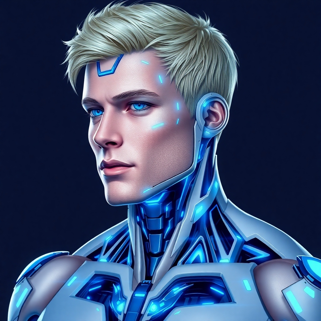 blue and white cybernetic guy blonde hair, handsome, muscular
