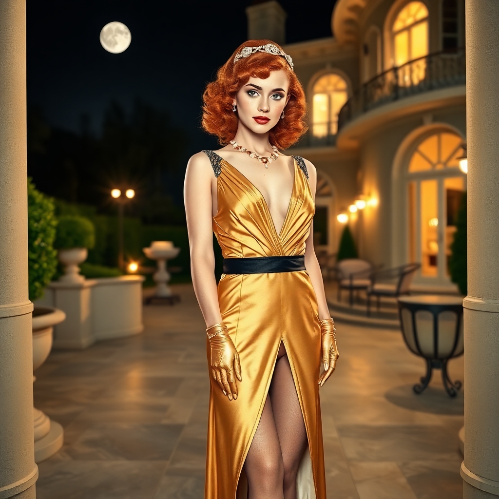 Realistic image of a young woman in the mid 1930s.  She wears an elegant gold , slit hem evening dress.  It has a low V neck.  She wears a black garter belt and lace-topped sheer stockings as was customary in the 1930s.  Her high heel shoes are in a matching gold.  She wears a fancy headpiece.  She has natural red, medium length, curly hair done up in an elegant 1930s style. She has green eyes and freckles on her face.  She wears gold formal length gloves and elegant jewelry around her neck and wrists.  Her makeup is glamorous.  Her legs, lace-topped stockings and garter belt are visible through the high cut hem in the dress. The setting is an elegant patio behind a fancy, Hollywood style mansion.  It is nighttime and model is illuminated by combination of moonlight, garden torch lights and the illuminated windows of the mansion.  There is a party going on inside the mansion.