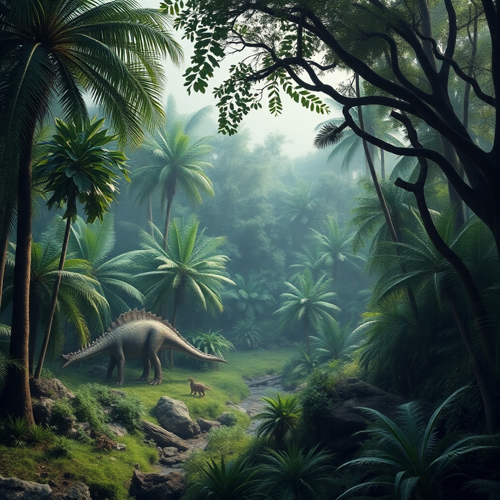 a photorealistic picture of a prehistoric jungle with no dinosaurs
