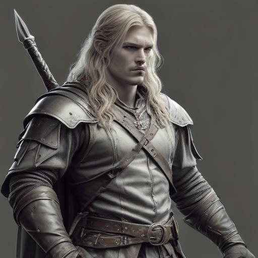 male ranger wearing medieval clothing, long blonde hair, holding a medieval sword "not armor"