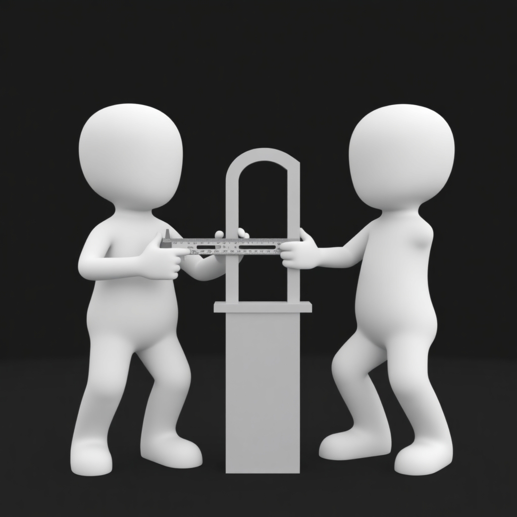 please create a 3d white-on-white figure measuring another 3d white-on-white figure's head circumference with calipers. Flat black background. no facial features. no elaboration or details.