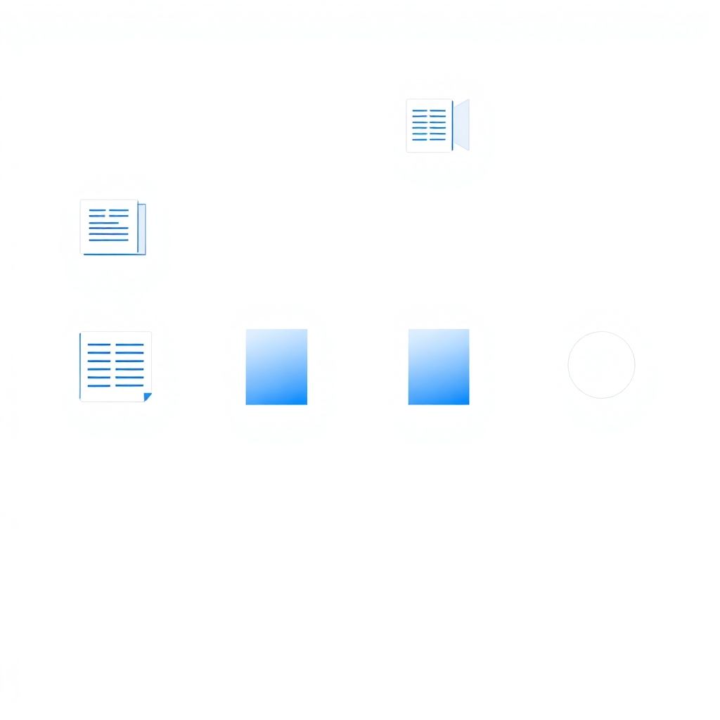 Minimal flat icons representing planners, templates, wall art, social media posts, blue gradients, isolated on white background, --ar 1:1
