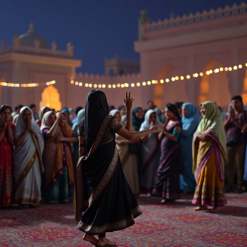 a mujrah scene where navaabs are enjoying the dance perfomance of pretty young indian girls