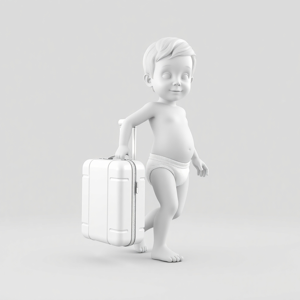 Pls create a 3d white-on-white image of a toddler in diapers carrying a suitcase. no facial features. no background. flat black background.