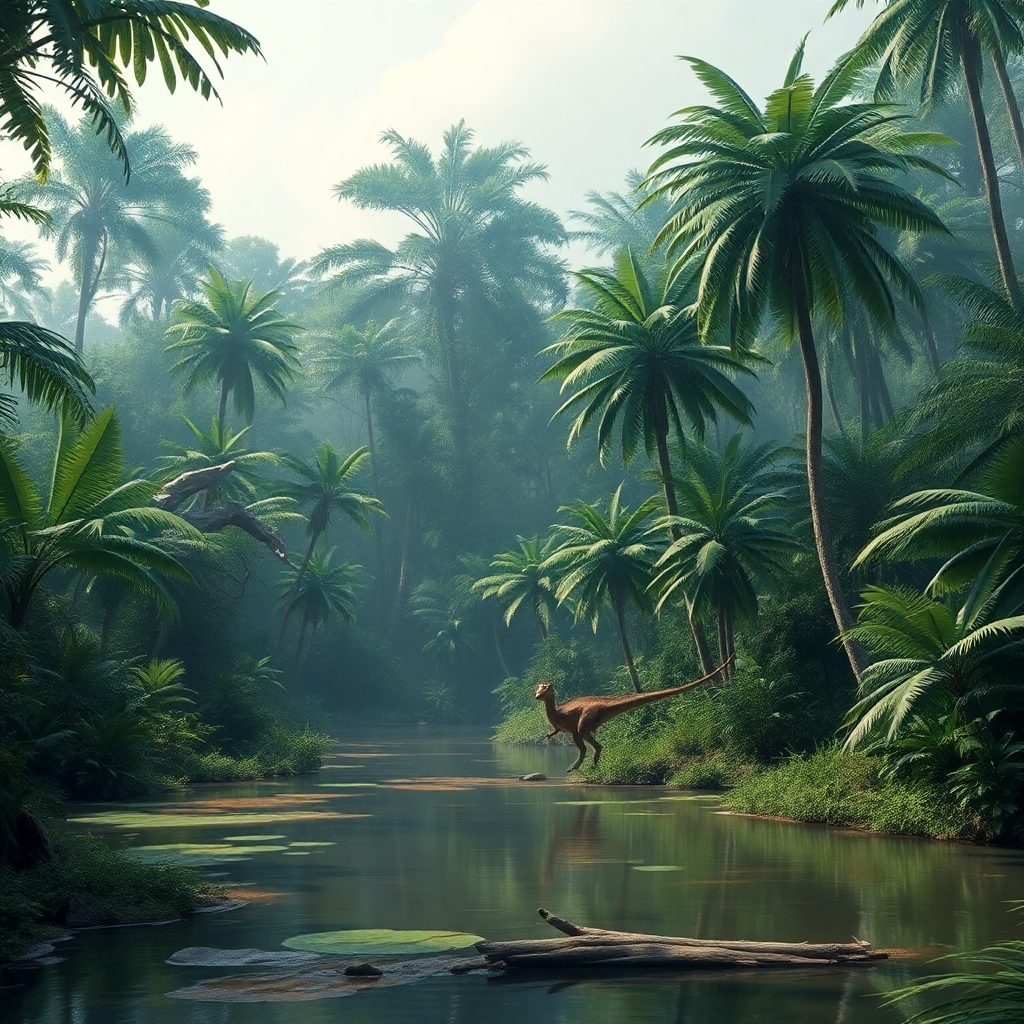a photorealistic picture of a prehistoric jungle with full leafy trees and water on the groundand with no dinosaurs