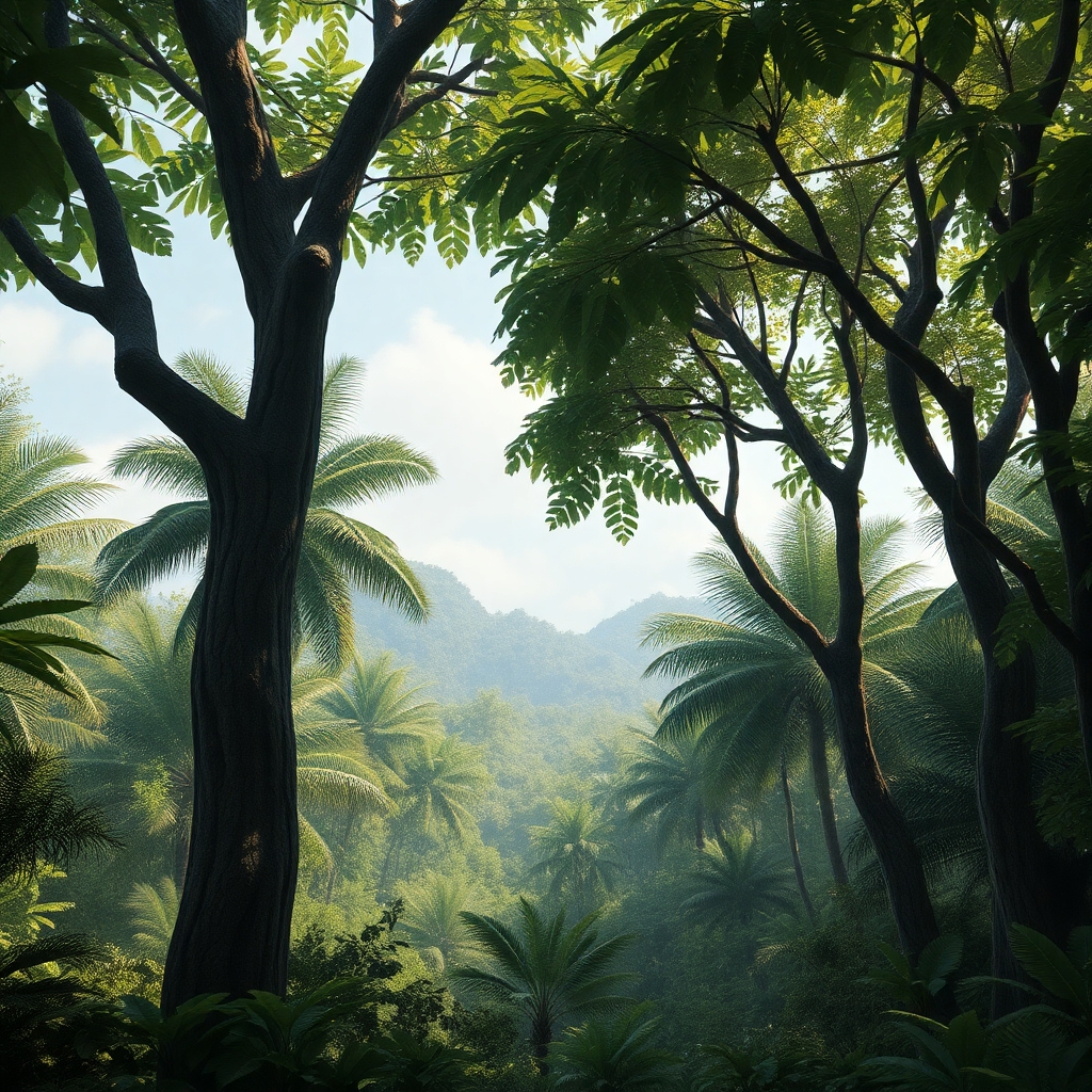 a photorealistic picture of a prehistoric jungle with full leafy trees and with no dinosaurs
