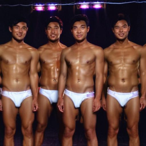 Ten smooth lean Asian male models with different faces are standing still on a stage in front of an audience in a dark room. Neon lights. They are all only wearing white thongs underwear. Zoom slowly to show smiling faces.
