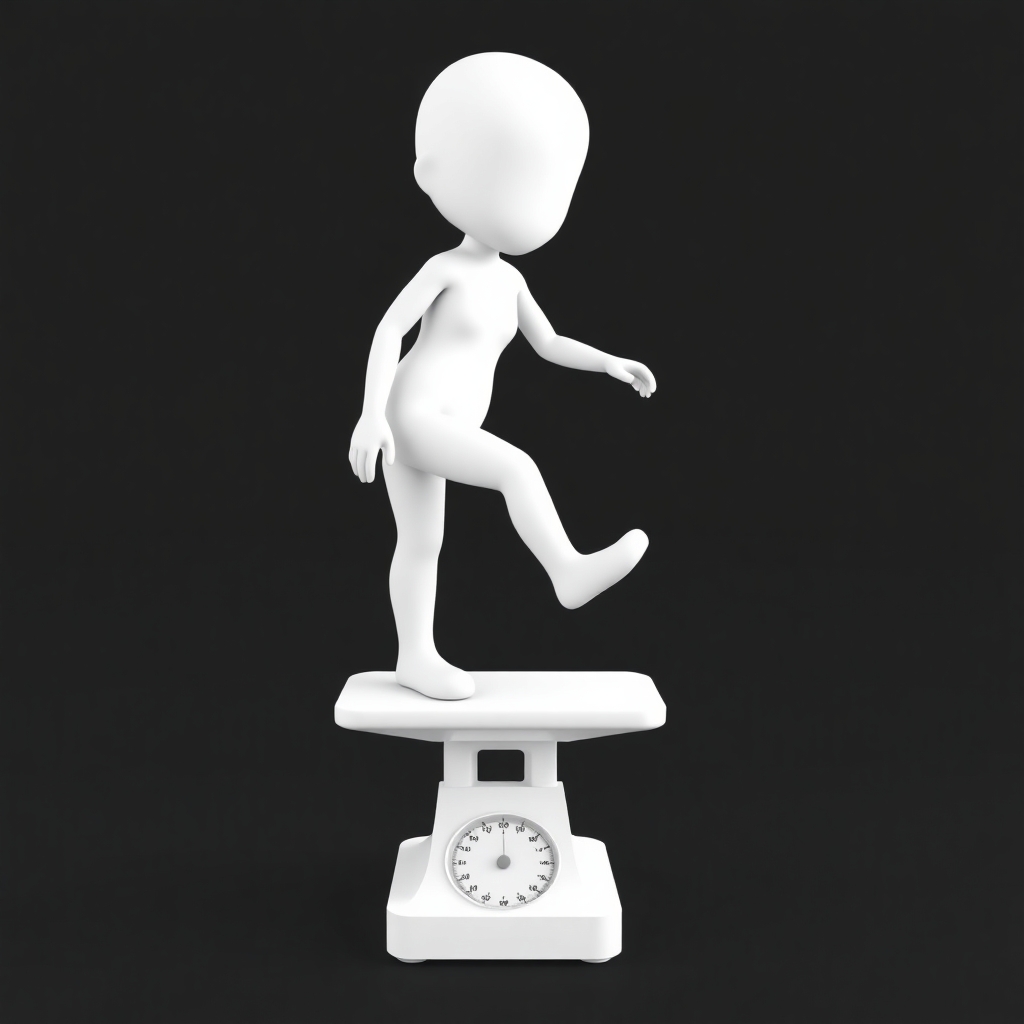 please draw a minimalist white-on-white 3d character being weighed on a medical scale. she has one foot off the scale to make herself appear to weigh less. Flat black background. no facial features. no elaboration or details.