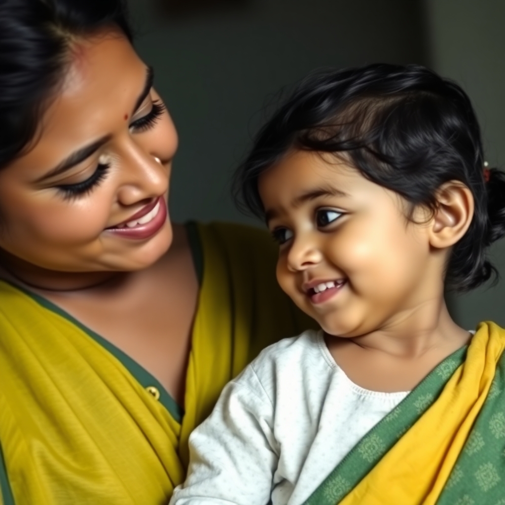 A cute picture of an Indian Mother looking affectionately at her two years old child. Both fair complexioned at