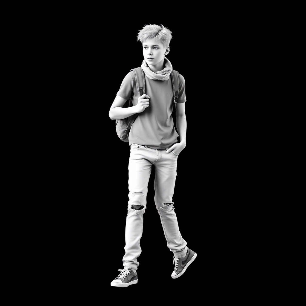 Pls create a 3d white-on-white image of a teenager wearing ripped jeans and a bandana with a backpack on his back hitchhiking. no facial features. no background. flat black background.