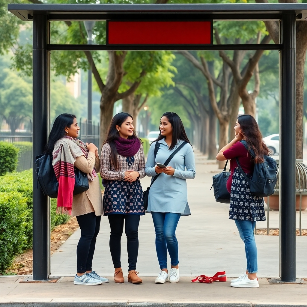 four teenage girls are gossiping at the bus stop outside their college in university of Delhi
