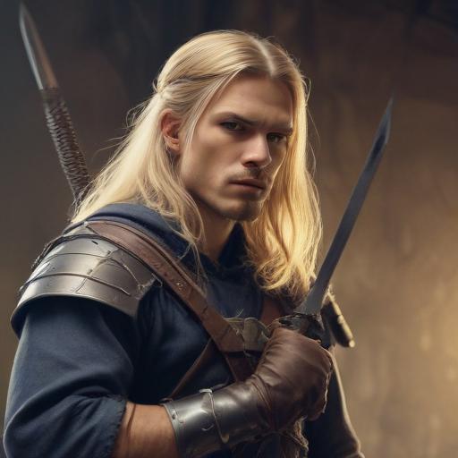 male ranger wearing medieval clothing, long blonde hair, holding a medieval sword "not armor"