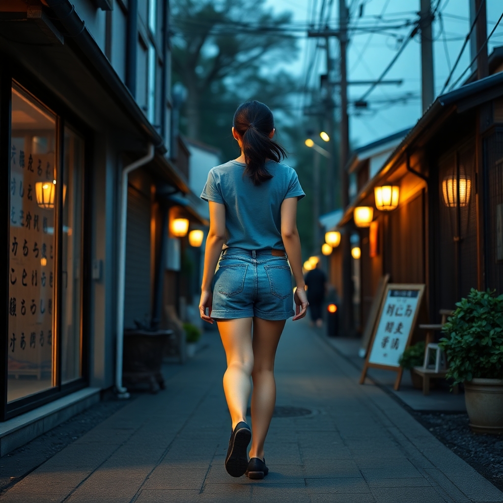 a realistic picture of a full body photo of a fit and beautiful japanese girl walking away from the camera