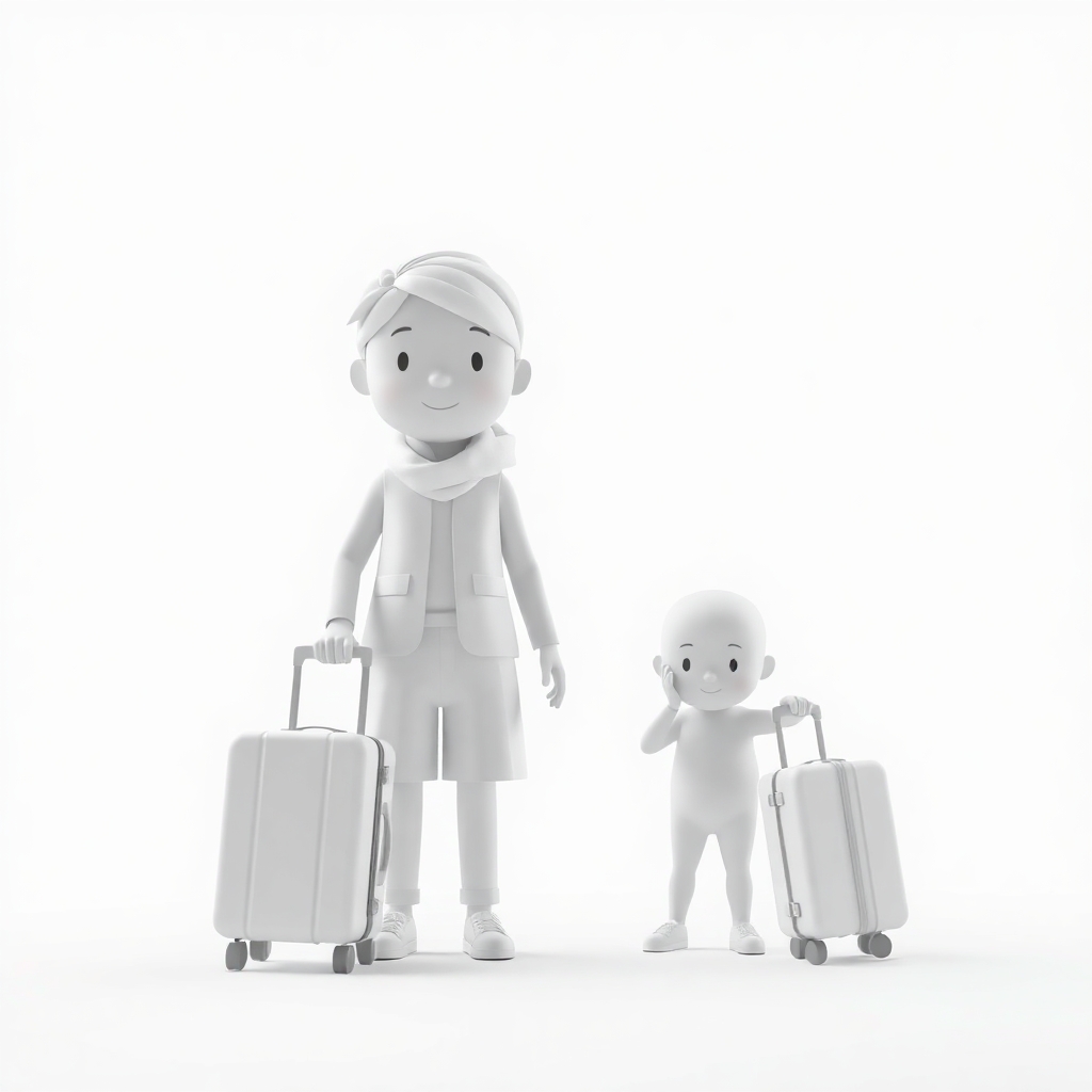 minimalist 3d white-on-white cartoon-like parent and child with suitcases. no facial features. no hair. no clothes. transparent background.