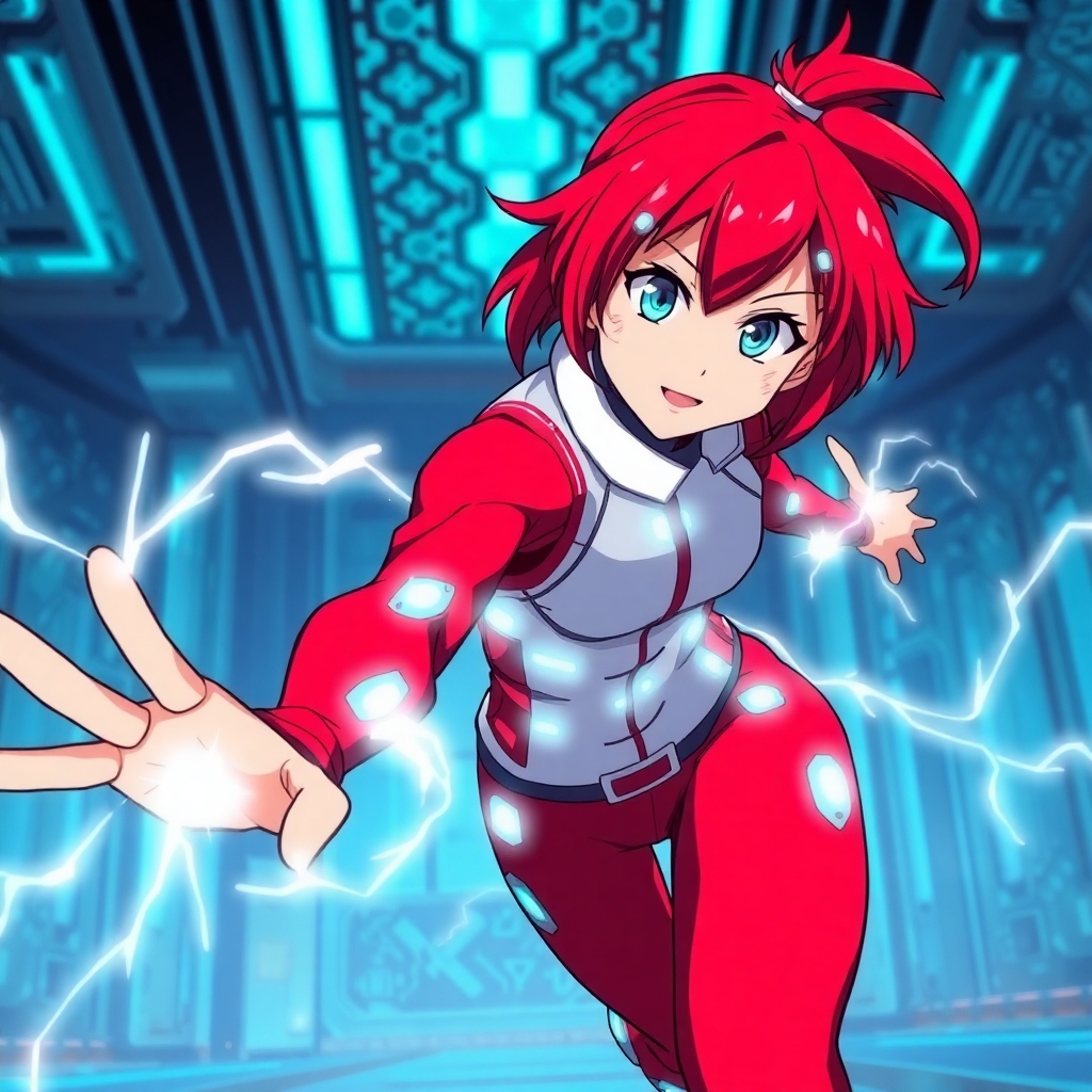 Full-body anime character of a high-energy teenage girl with short crimson hair in a side ponytail, neural interface bands around her temples, and bright teal eyes. Her outfit is sleek, white and red, embedded with luminous circuits along the spine, forearms, and thighs. She’s mid-sprint, reaching out toward the viewer with energy trails spiraling from her fingertips. Background shows a high-tech training chamber with digital patterns glowing faintly. Style of My Hero Academia, vibrant and futuristic, electric neural energy effects