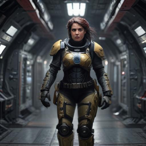 Female space marine in sci-fi armor.  She carries her helmet under one arm.  She is standing in a busy corridor aboard a starship.