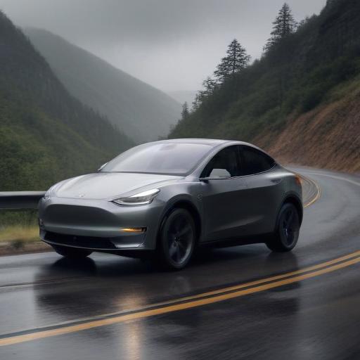 Tesla model y un Mountain Gray Metallic color, speeding down a winding mountain road in the dark rainy weather