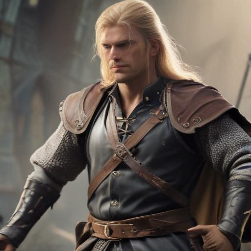 male ranger wearing medieval clothing, long blonde hair, holding a medieval sword "not armor"