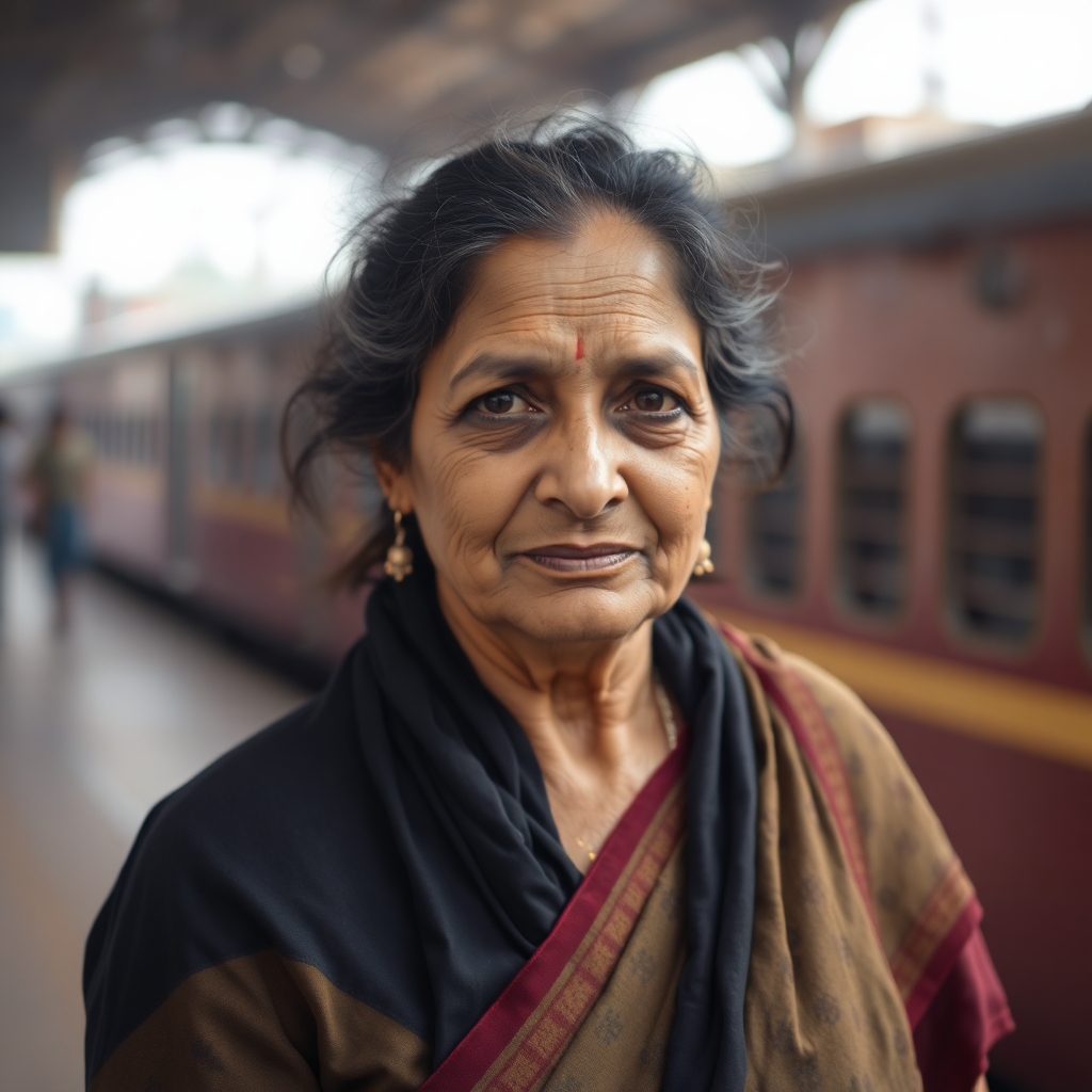 a madhuri dixit like looking lady of 60 years is waiting at the Old Delhi railway station for a social worker