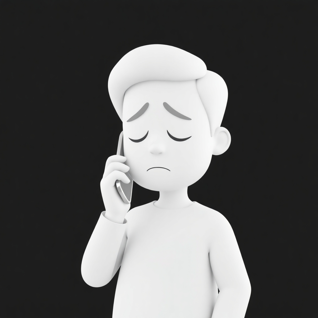 please create an image of a sad adult talking on a cell phone using minimalist, 3D white-on-white cartoon-like characters with no facial features, no hair, against a flat black background with no elaboration or details.