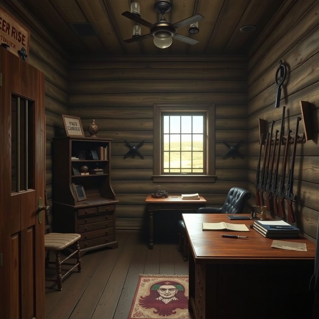 a photorealistic picture inside an old wild west sheriff's jail seeing the cell and his desk and gun rack