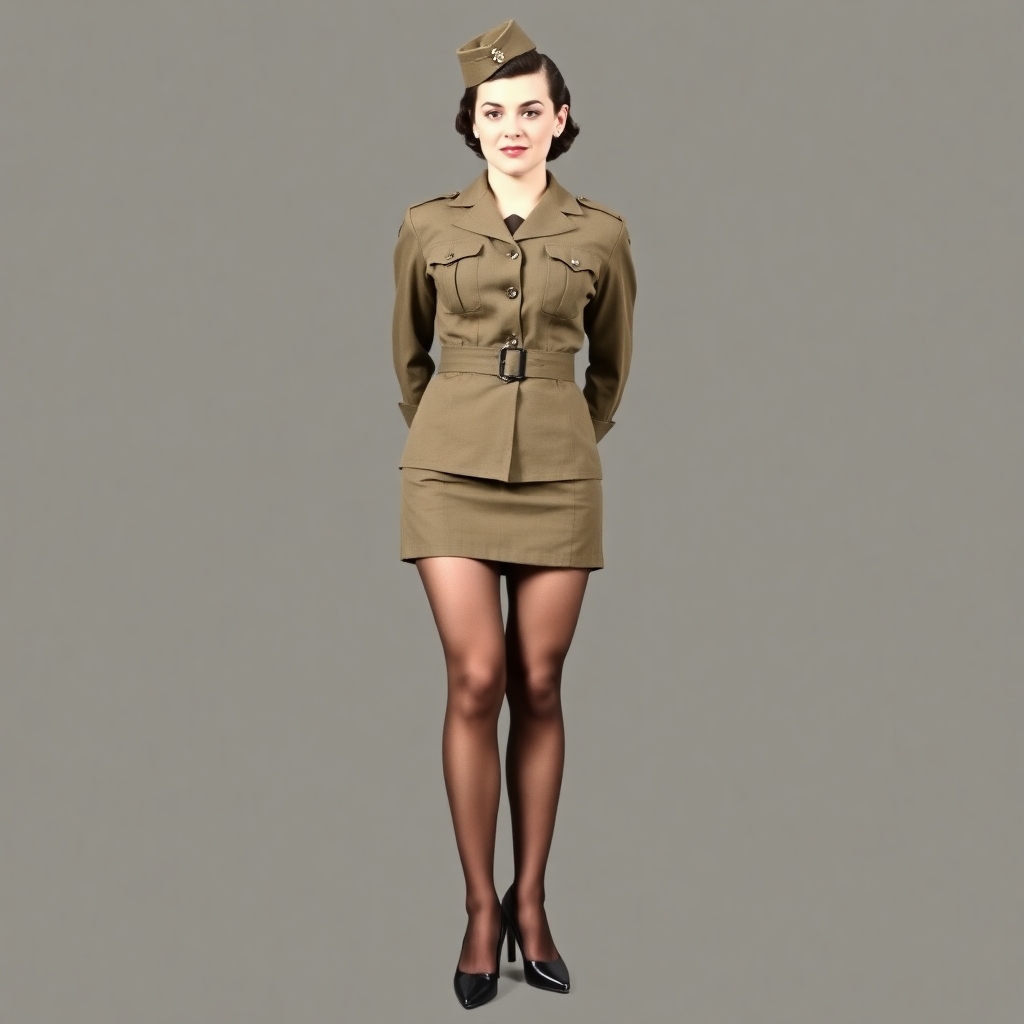 Woman wearing WW2 WAC Uniform with sheer black stocking garter belt and conservative high heel shoes
