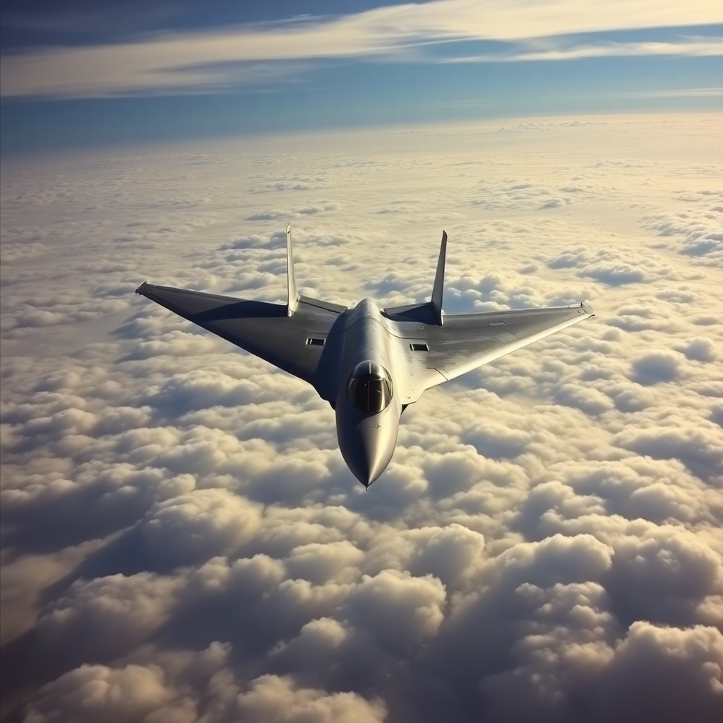 A Cold war era delta wing jet bomber flying high above the clouds seen from above