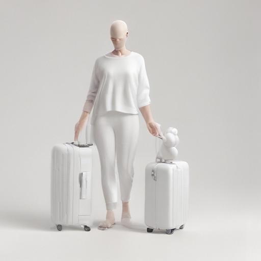 minimalist 3d white-on-white cartoon-like parent and child with suitcases. no facial features. no hair. no clothes. transparent background.