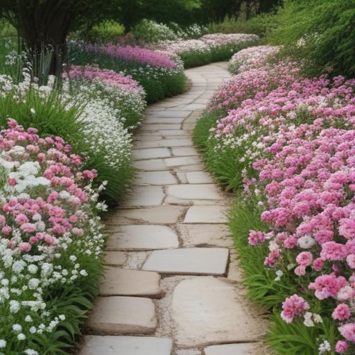 beautiful winding path with pink and white flowers.