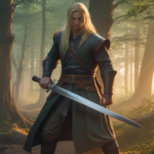 male ranger, six-foot tall, wearing medieval clothing, long blonde hair, couching in a forest at daybreak, wielding a sword
