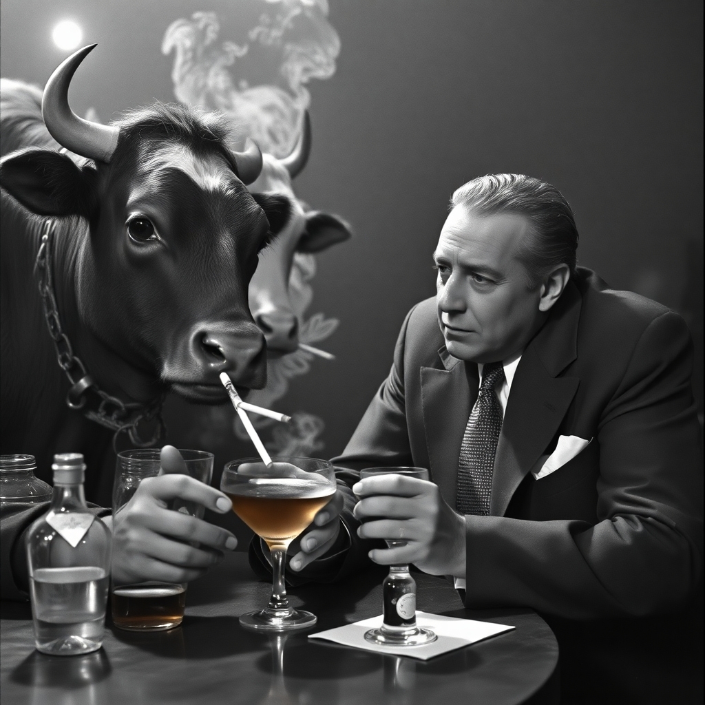 Bogart having drinks with a cow smoking cigarette