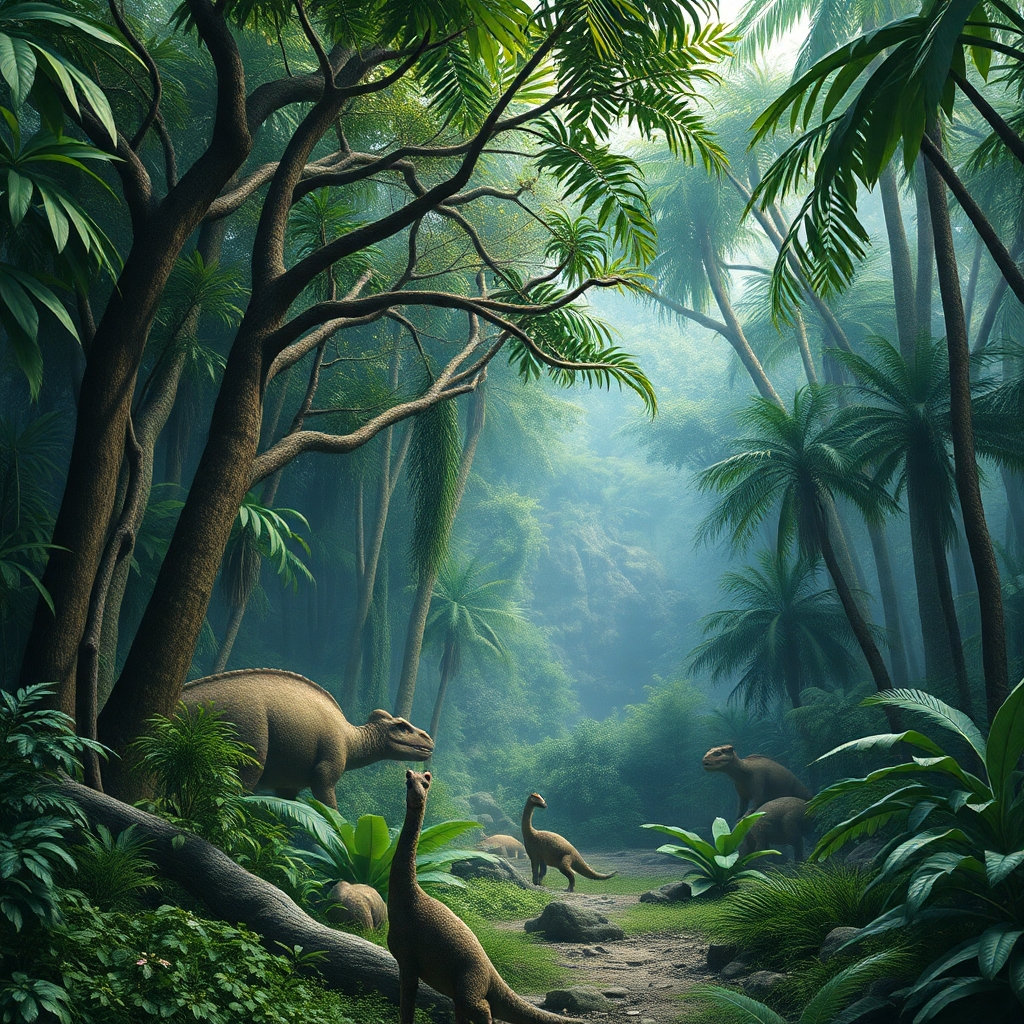 a photorealistic picture of a prehistoric jungle with no dinosaurs