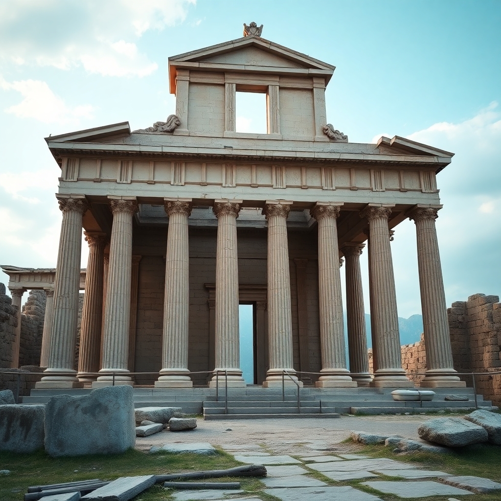 a realistic picture looking at the inside an ancient Greece temple