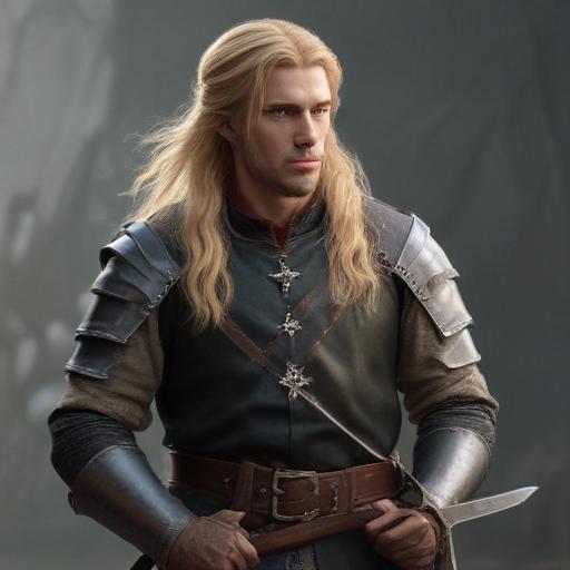 male ranger wearing medieval clothing, long blonde hair, holding a medieval sword "not armor"