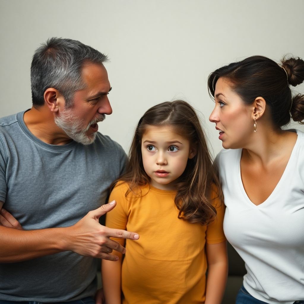 husband and wife arguing with their 10 year old daughter between them looking scared