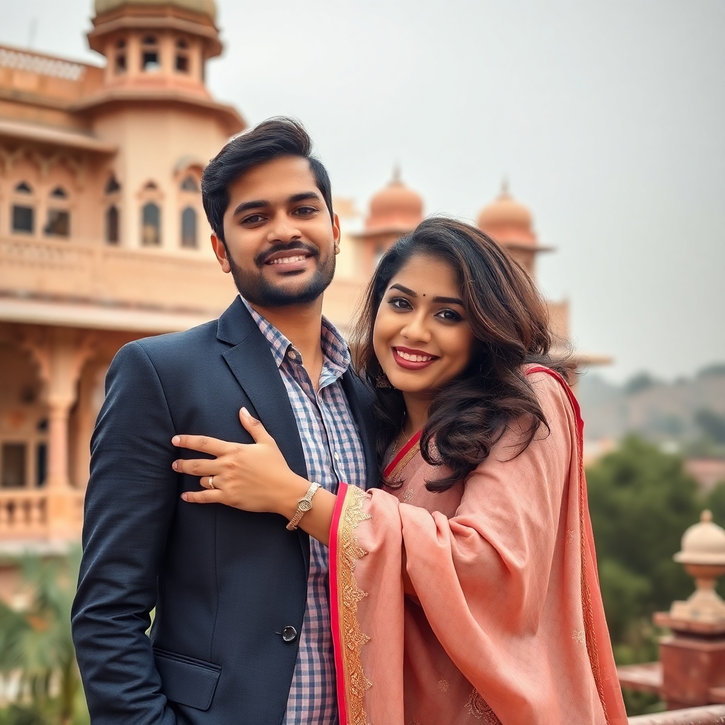 a young Indian business executive aged 25 years, romancing with a madhuri dixit like looking 22 years ld girl. backdrop background haveli of a nawab