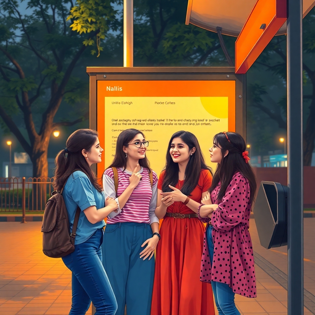 four teenage girls are gossiping at the bus stop outside their college in university of Delhi