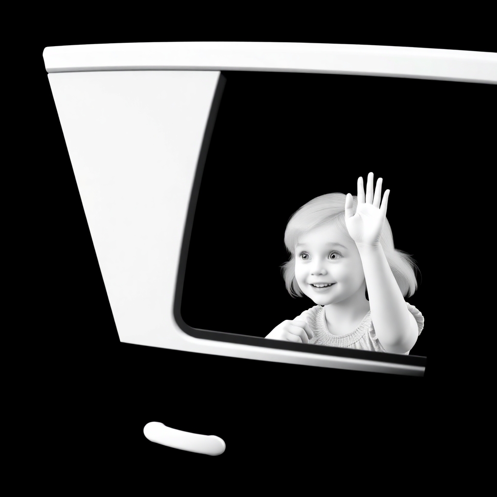 Pls create a 3d white-on-white image of a 6 year old girl waving out the side window of a  moving car. no facial features. no background. flat black background.