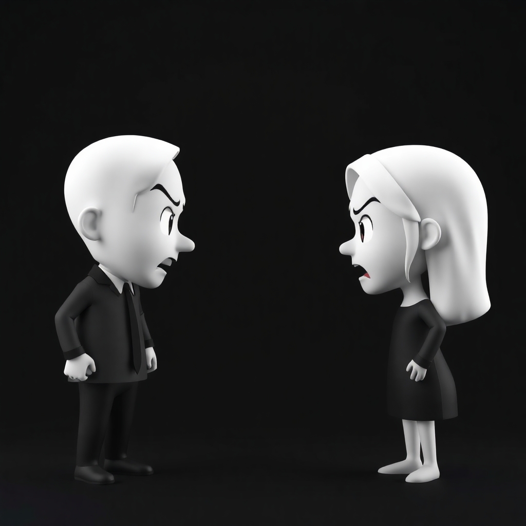 please create an image of an angry man facing an angry woman  using minimalist, 3D white-on-white cartoon-like characters with no facial features, no hair, against a flat black background with no elaboration or details.