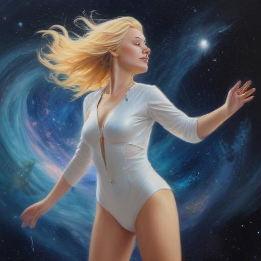 Oil painted blonde-haired goddess flying through interstellar space