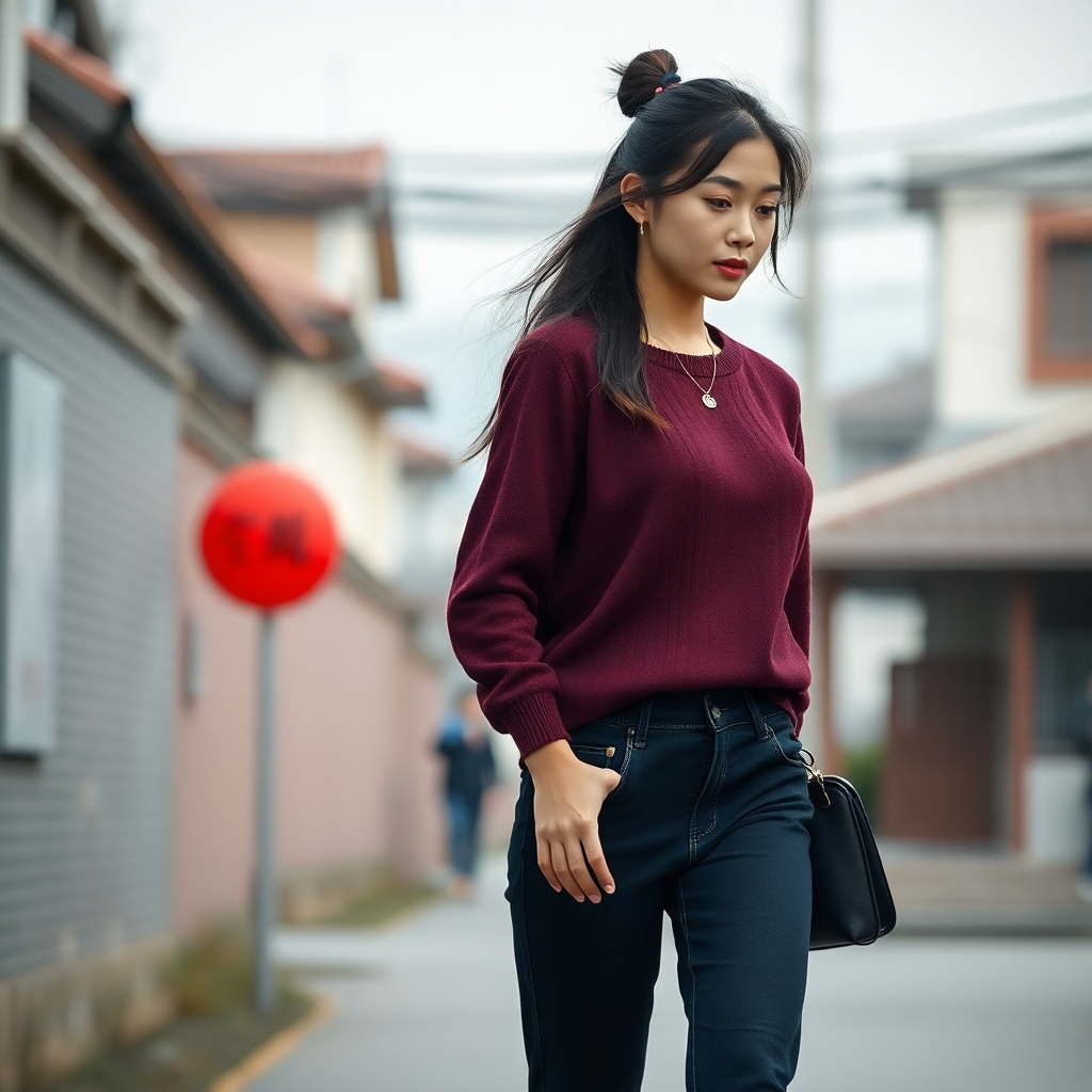 a realistic picture of a full body photo of a fit and beautiful chinese girl walking away