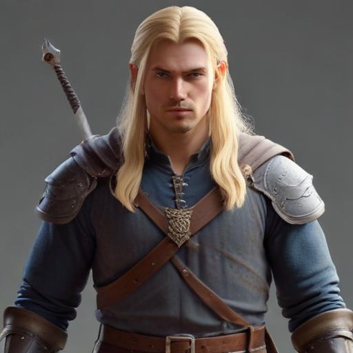 male ranger wearing medieval clothing, long blonde hair, holding a medieval sword "not armor"