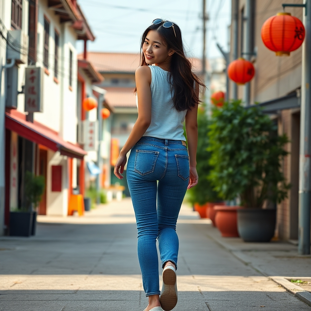 a realistic picture of a full body photo of a fit and beautiful chinese girl walking away from the camera