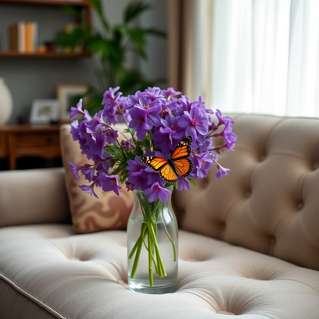 photograph, candid shot, famous randomly couch, center point for Purple flowers in a vase and a butterfly, Use camera is Canon EOS 5D Mark IV with a Canon EF 24mm f/1. 4L II USM lens, set at aperture f/2. 8 for a depth of field that highlights the furniture clean lines with rich and many detail, randomly color and finished, soft ambient light, studio light setting, ultra realistic, UHD, many details