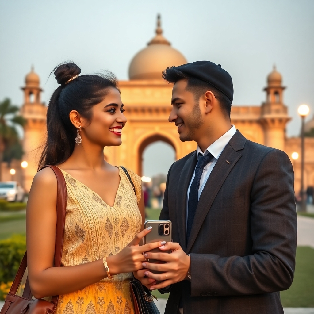 a young Bollywood look alike actress with full body dating with a well educated young executive with a historical monument in the background
